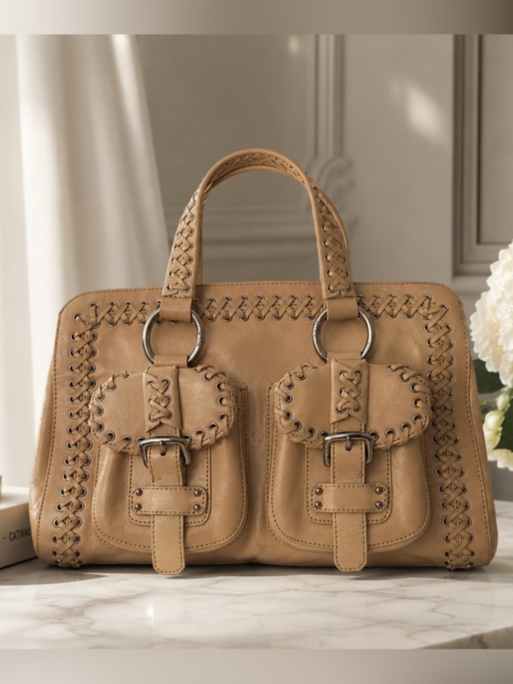 DKNY Genuine Leather Woven Braided Buckle Detail Midsize Y2K Bag GUC